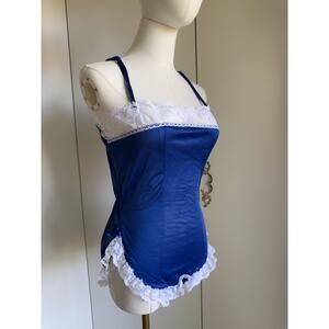 Vintage Lingerie Teddy Size Small/4-6 Navy White Lace Trim Sexy Romantic Tank